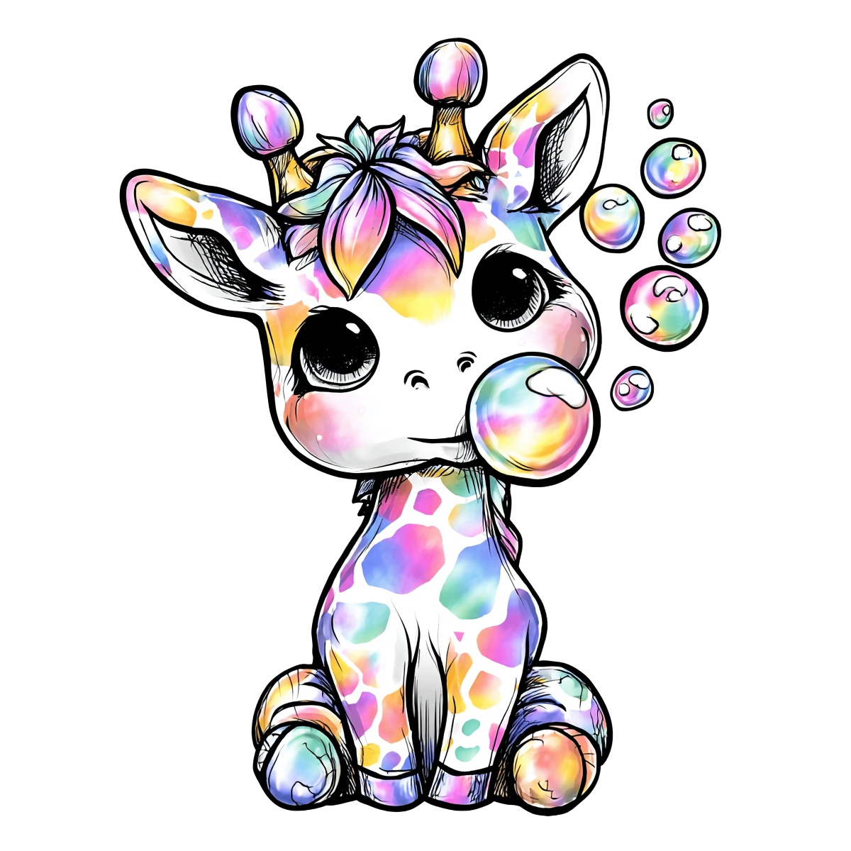 Cartoon giraffe with rainbow colors blowing bubbles, large eyes.