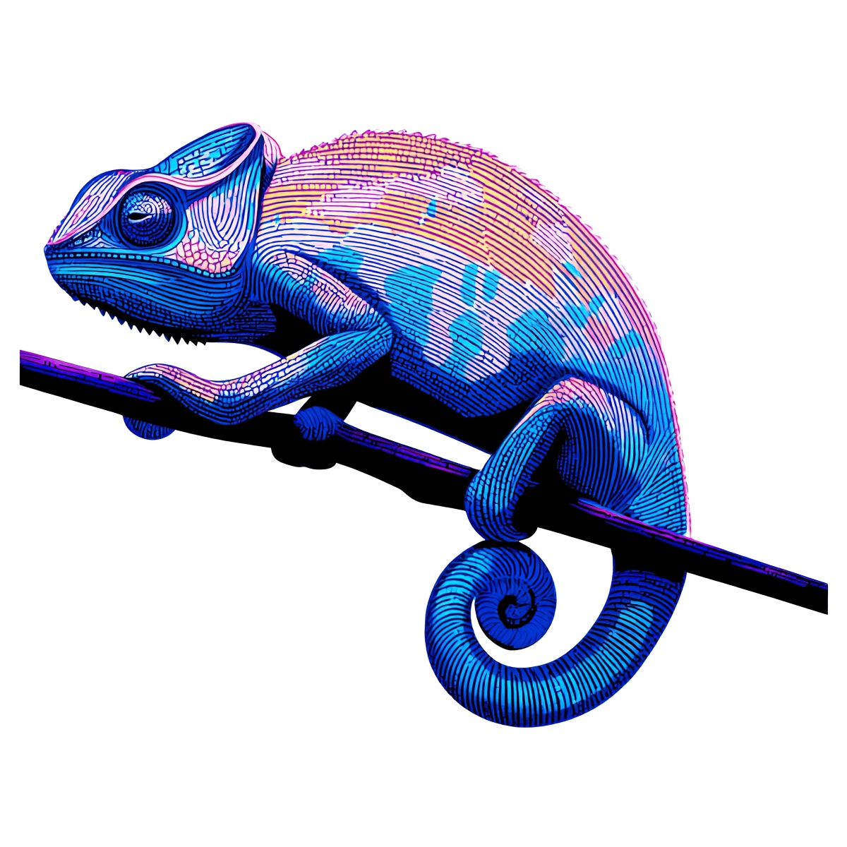 Colorful chameleon on branch patterned tail