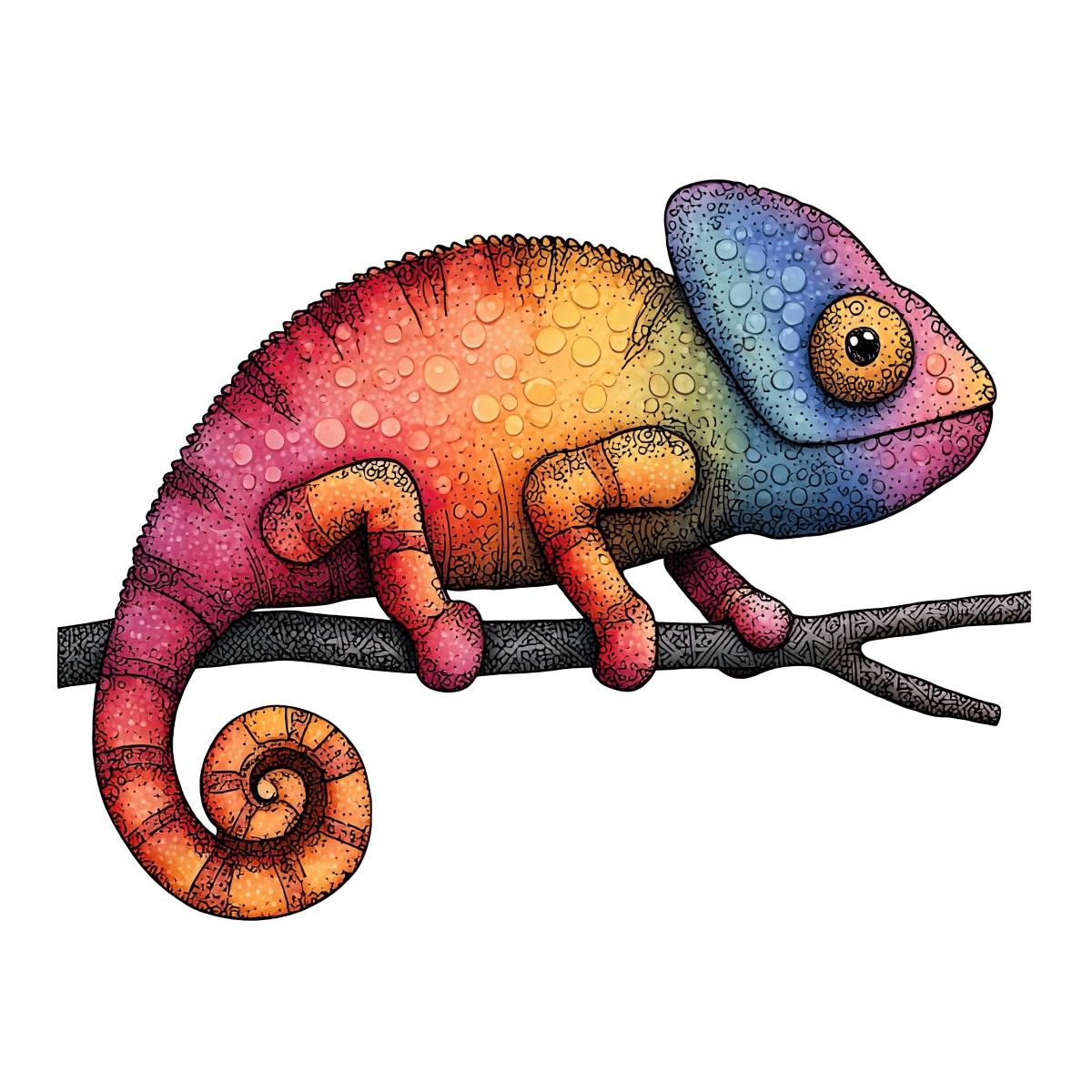 A multicolored chameleon with bubble patterns on a branch in digital art style.
