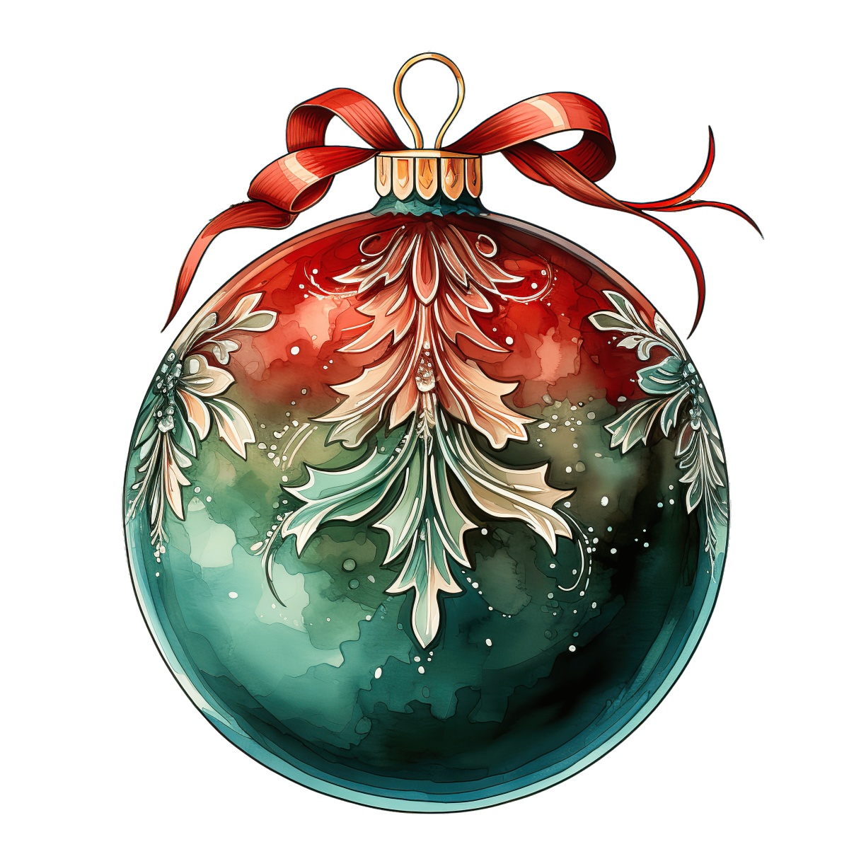 Round Christmas ornament with white floral patterns and vibrant colors.