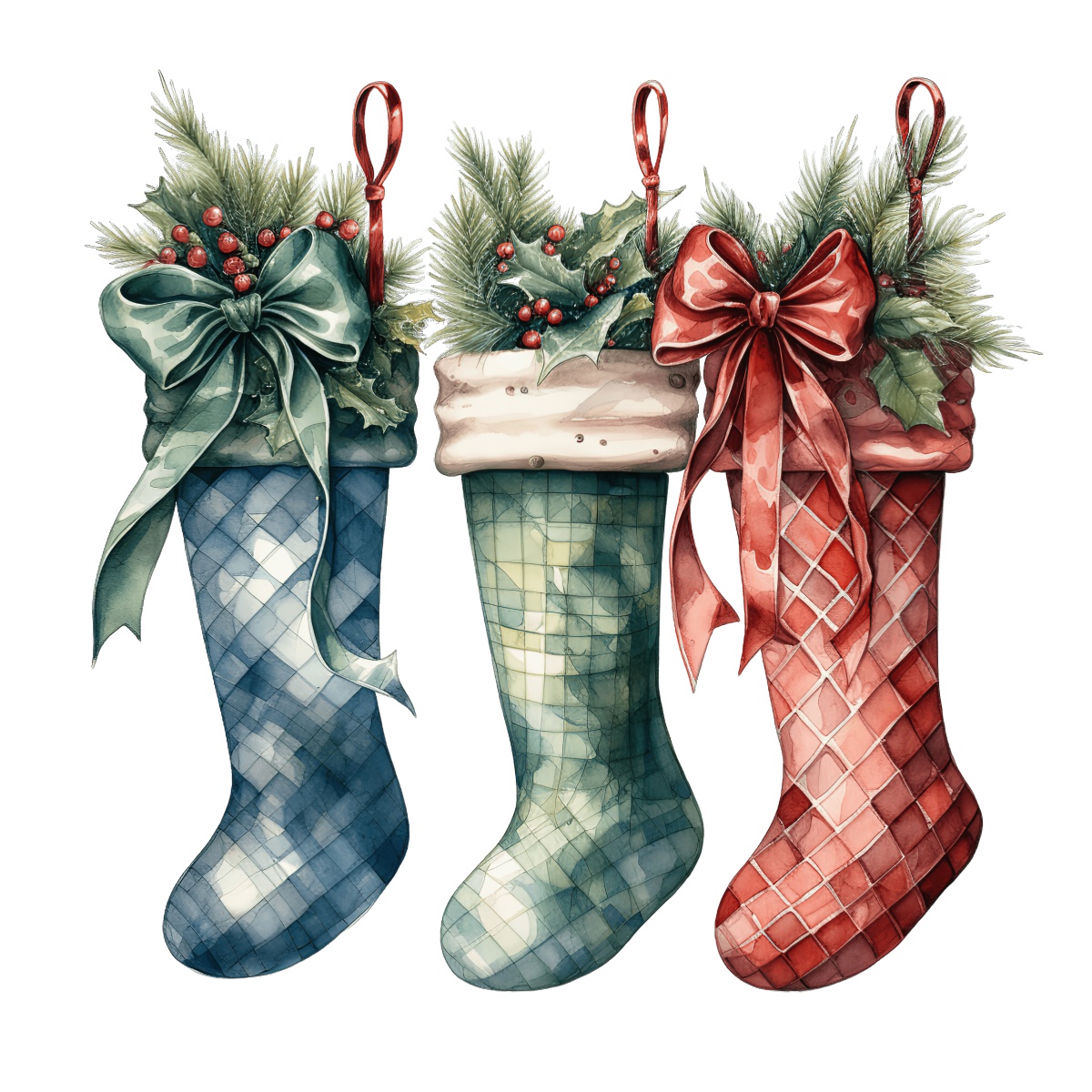 Three colorful Christmas stockings with ribbons and decorative greenery.