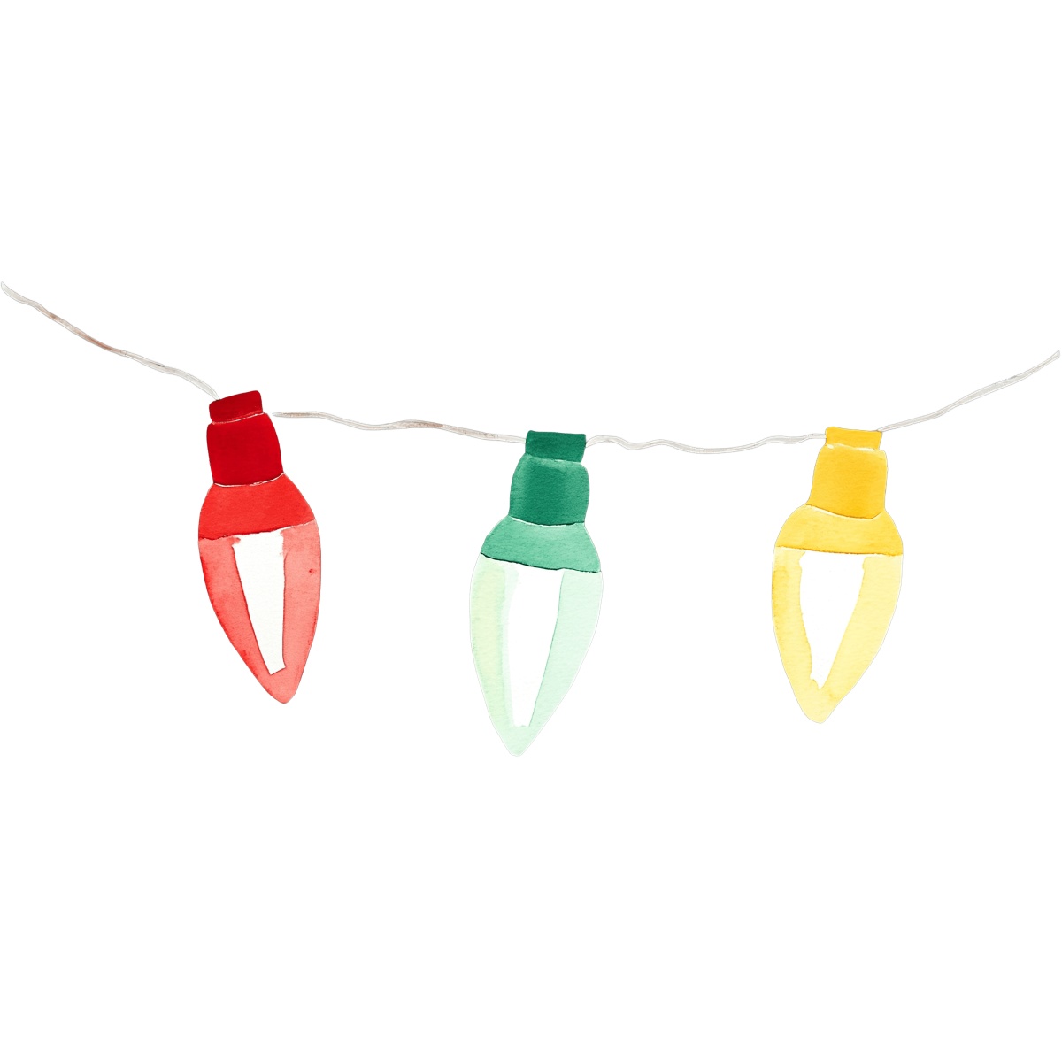 Three watercolor Christmas lights in red, green, and yellow on a string.