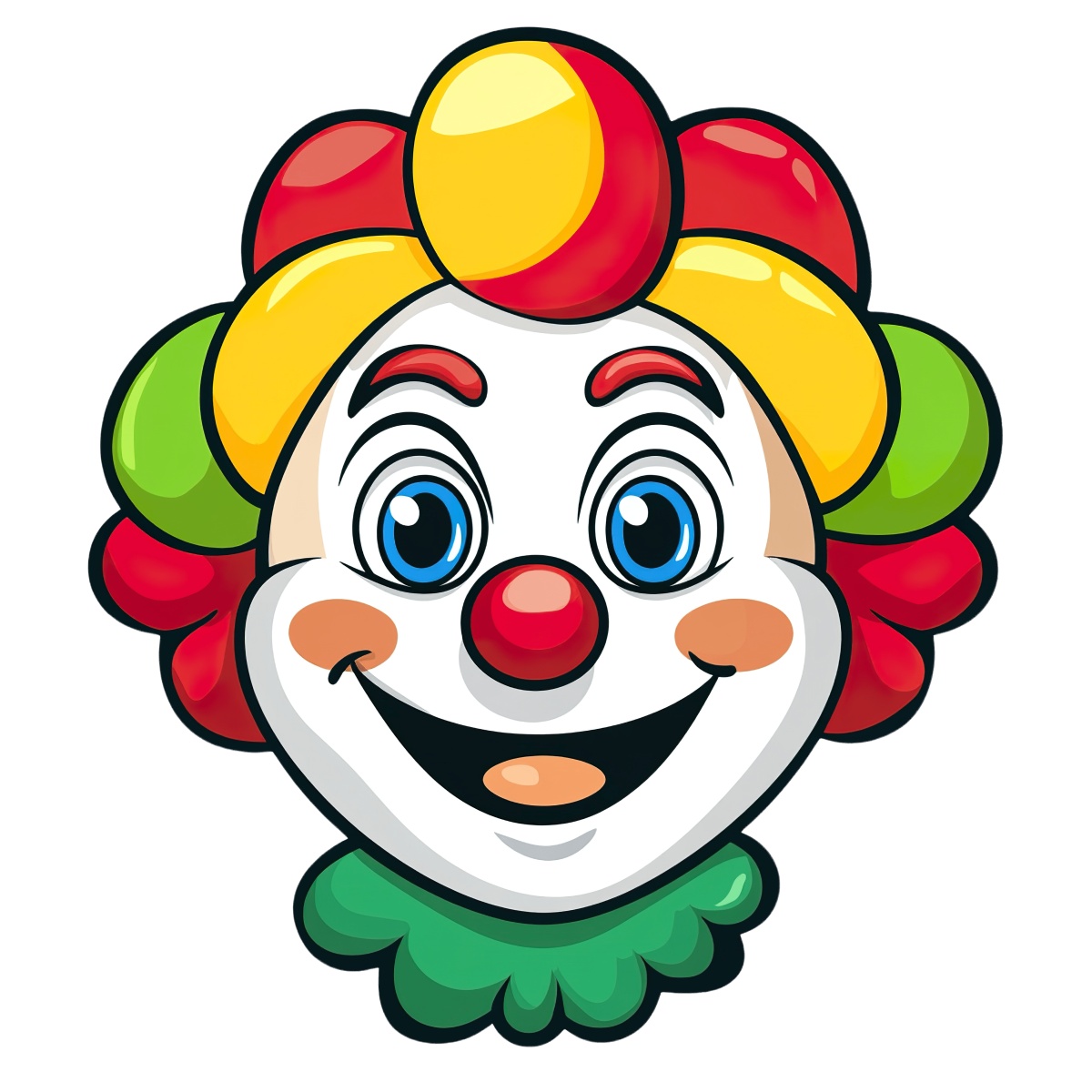 Clown face featuring colorful hair, red nose, and bright eyes.