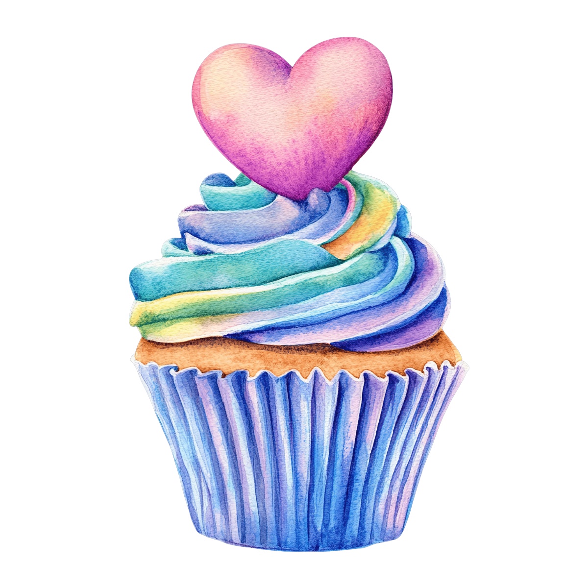 Cupcake with rainbow swirled frosting and a pink heart on top.