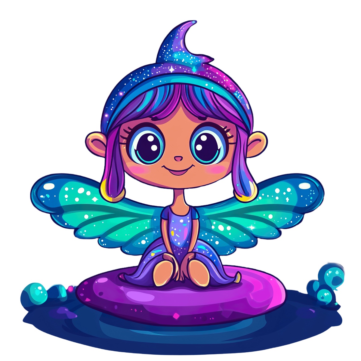 Fairy character with colorful wings sitting on a purple rock.