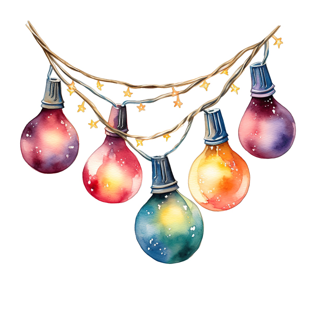 Watercolor string lights with star accents and colorful bulbs.