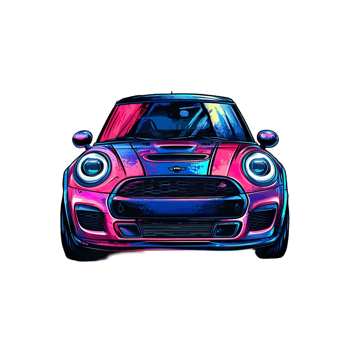 Front view illustration of a vibrant compact car in colorful digital style.