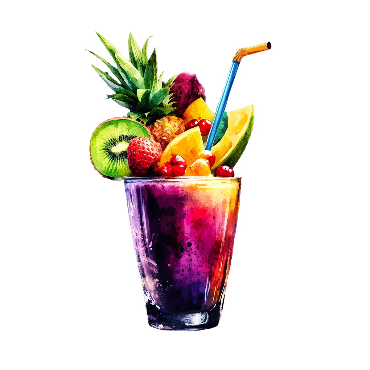 Vibrant fruit cocktail with kiwi, pineapple, berries, and a straw.