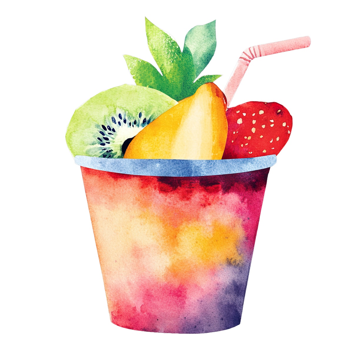 Fruit cup with kiwi, pineapple, and strawberry, featuring a straw.