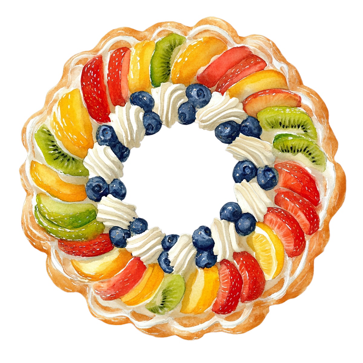 Fruit tart with colorful fruits and whipped cream on top.