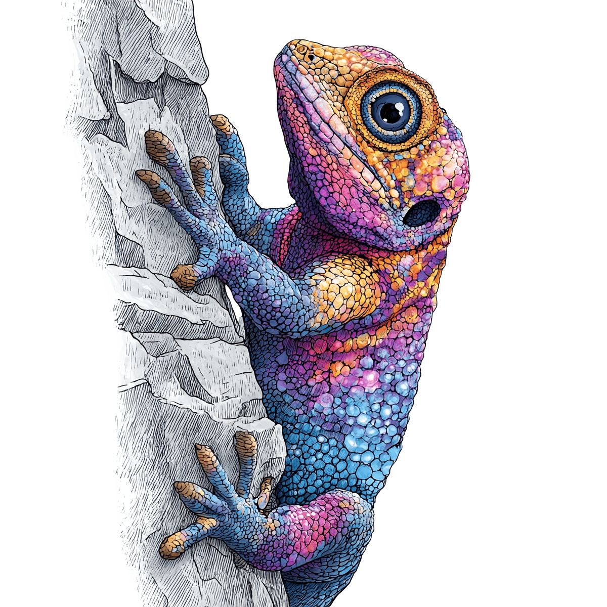Vibrant gecko with large eye climbing a textured tree.