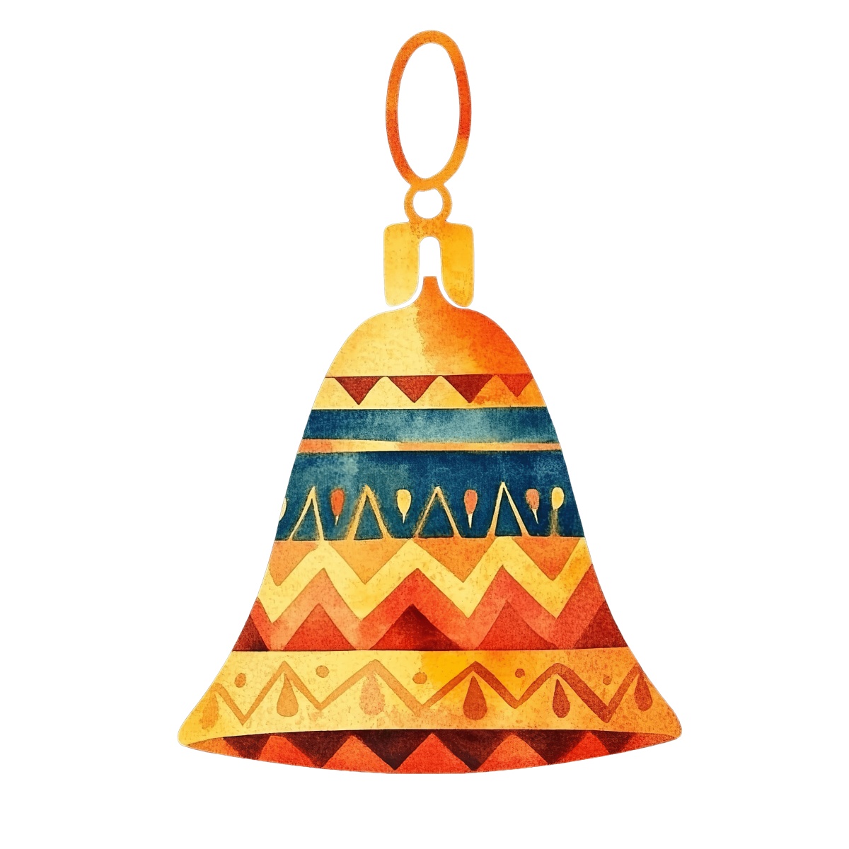 Geometric patterned bell pendant in orange and blue on a black background.