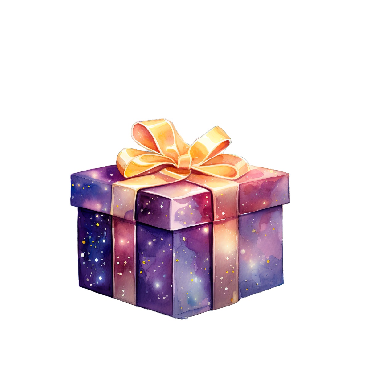 Rectangular gift box with colorful starry pattern and yellow ribbon.