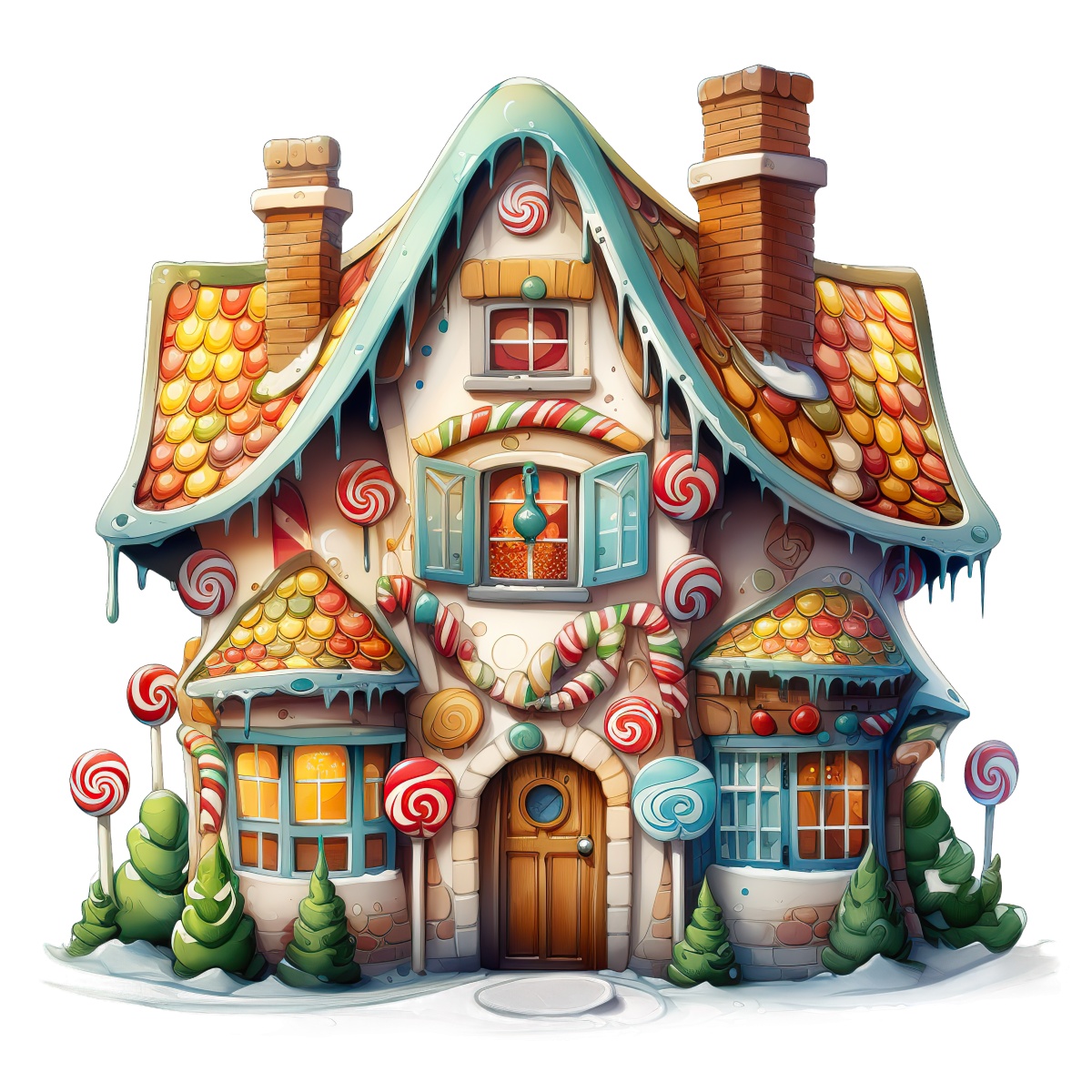 Gingerbread house decorated with candies and snow, featuring colorful accents.