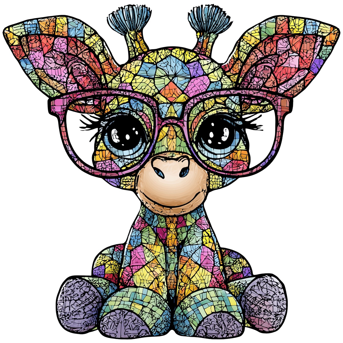 Giraffe with colorful mosaic pattern and large glasses.