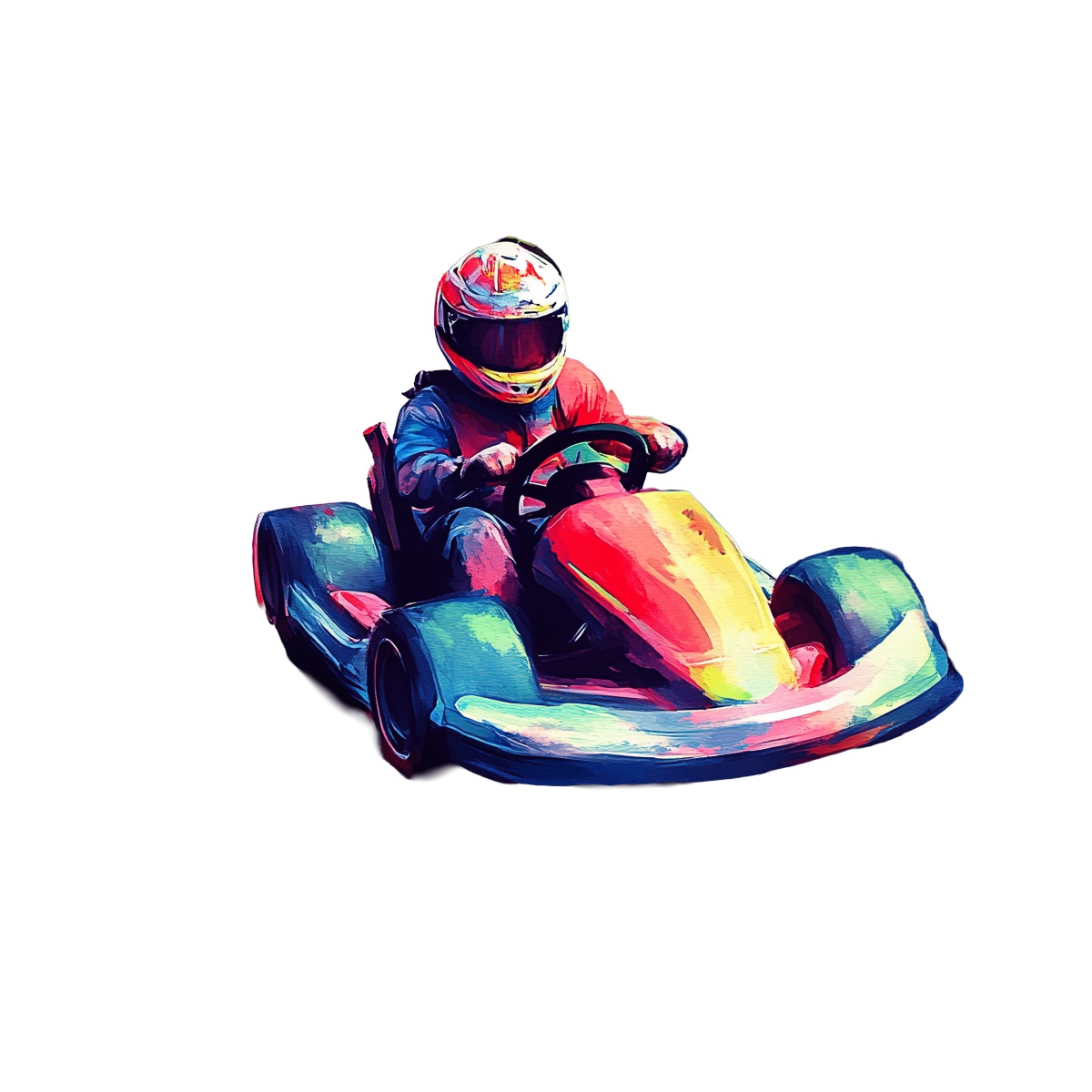 Go-kart racer in a colorful suit and helmet driving a racing kart.