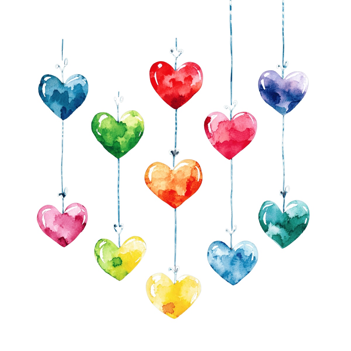 Vibrant watercolor hearts in various colors hanging on strings against black.