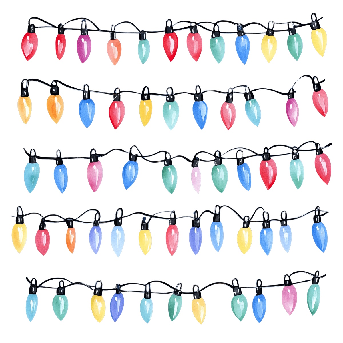 Multicolored holiday string lights with red, blue, green, and yellow bulbs.