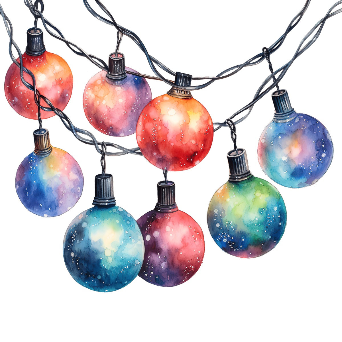 String of holiday lights with colorful galaxy-themed bulbs on black cords.