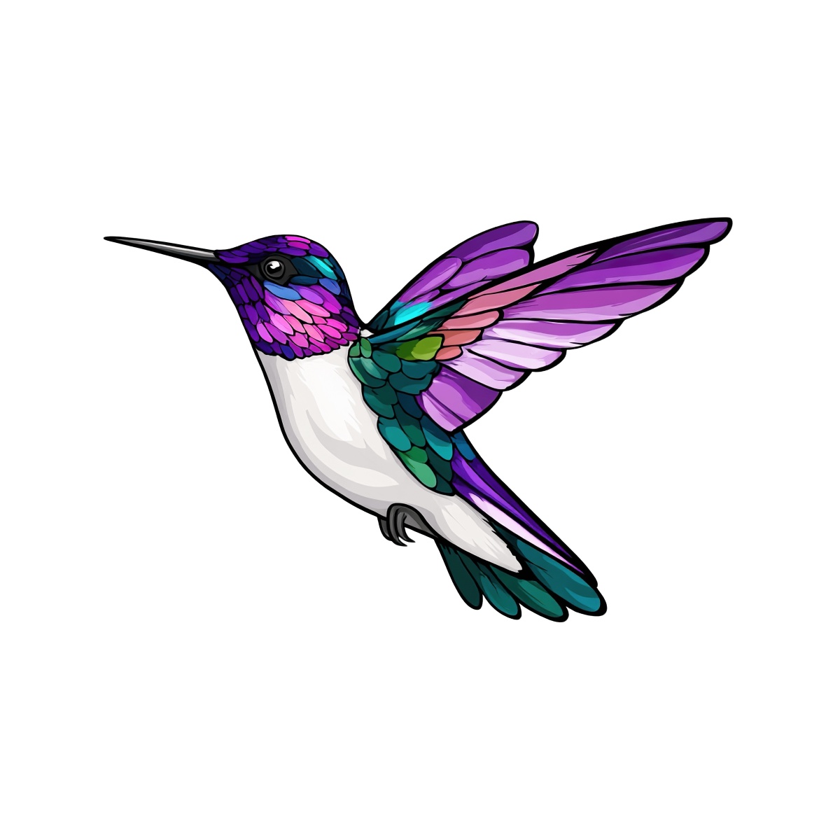 Vibrant hummingbird with colorful wings and intricate feather design.
