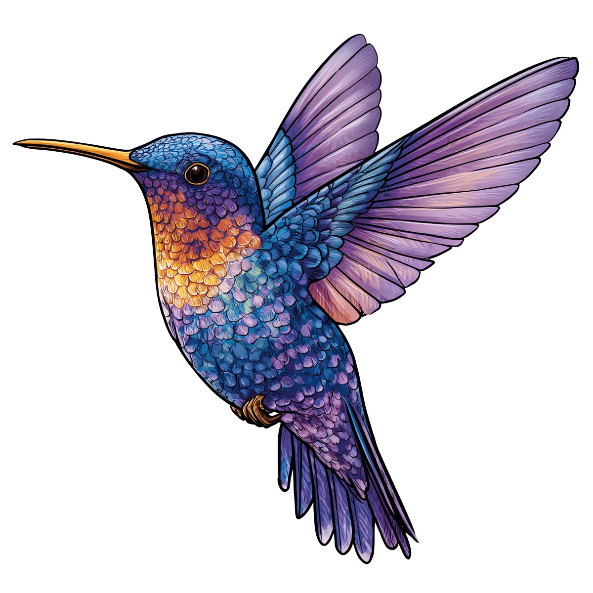 A colorful hummingbird illustration with spread wings in flight.