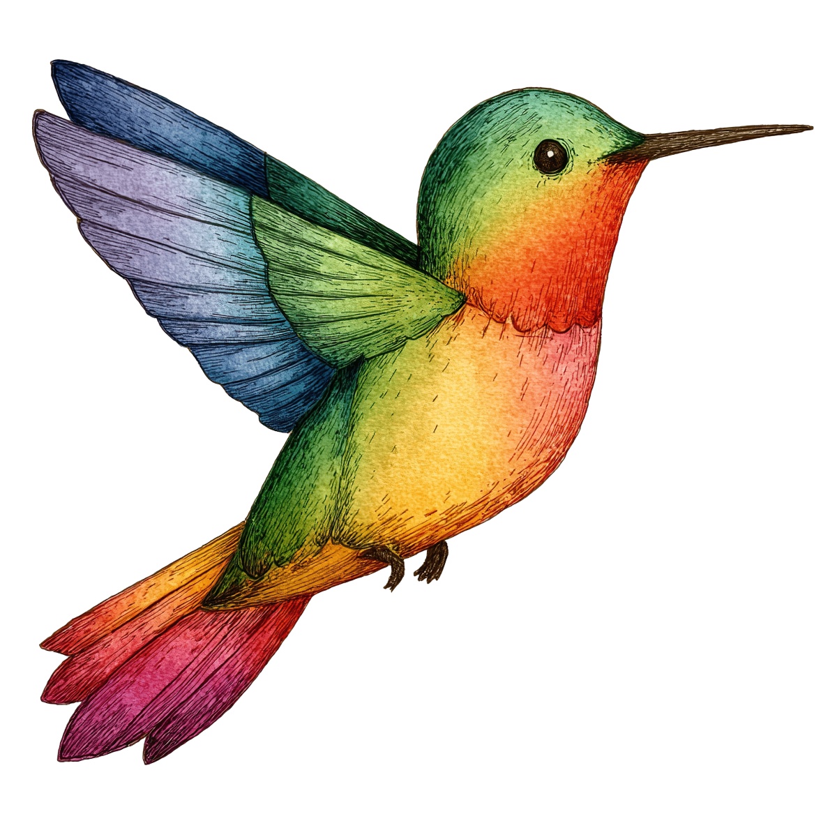 Hummingbird illustration with rainbow-colored feathers and detailed design.