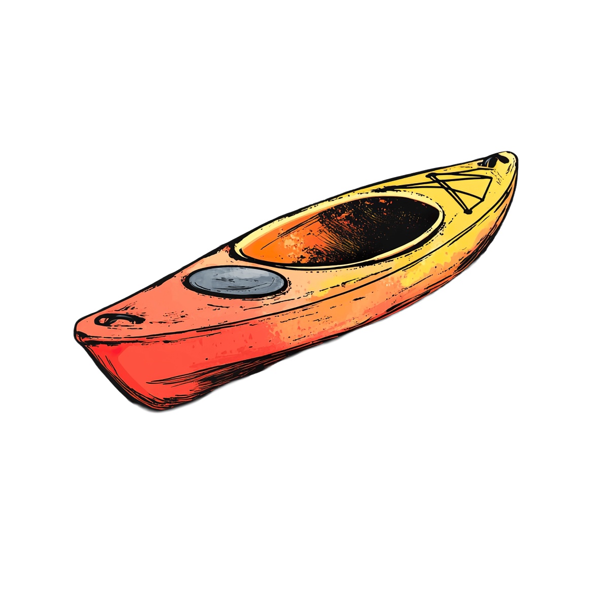 Red and yellow kayak illustration on a black background.