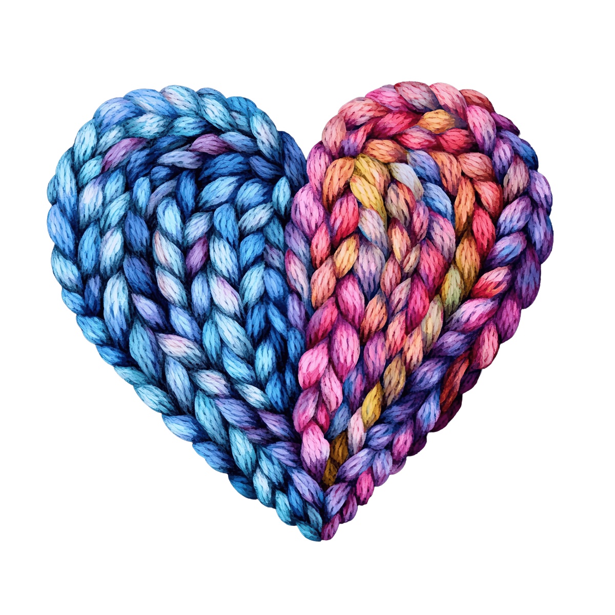 Heart-shaped braided yarn with blue and multicolored strands on a black background.