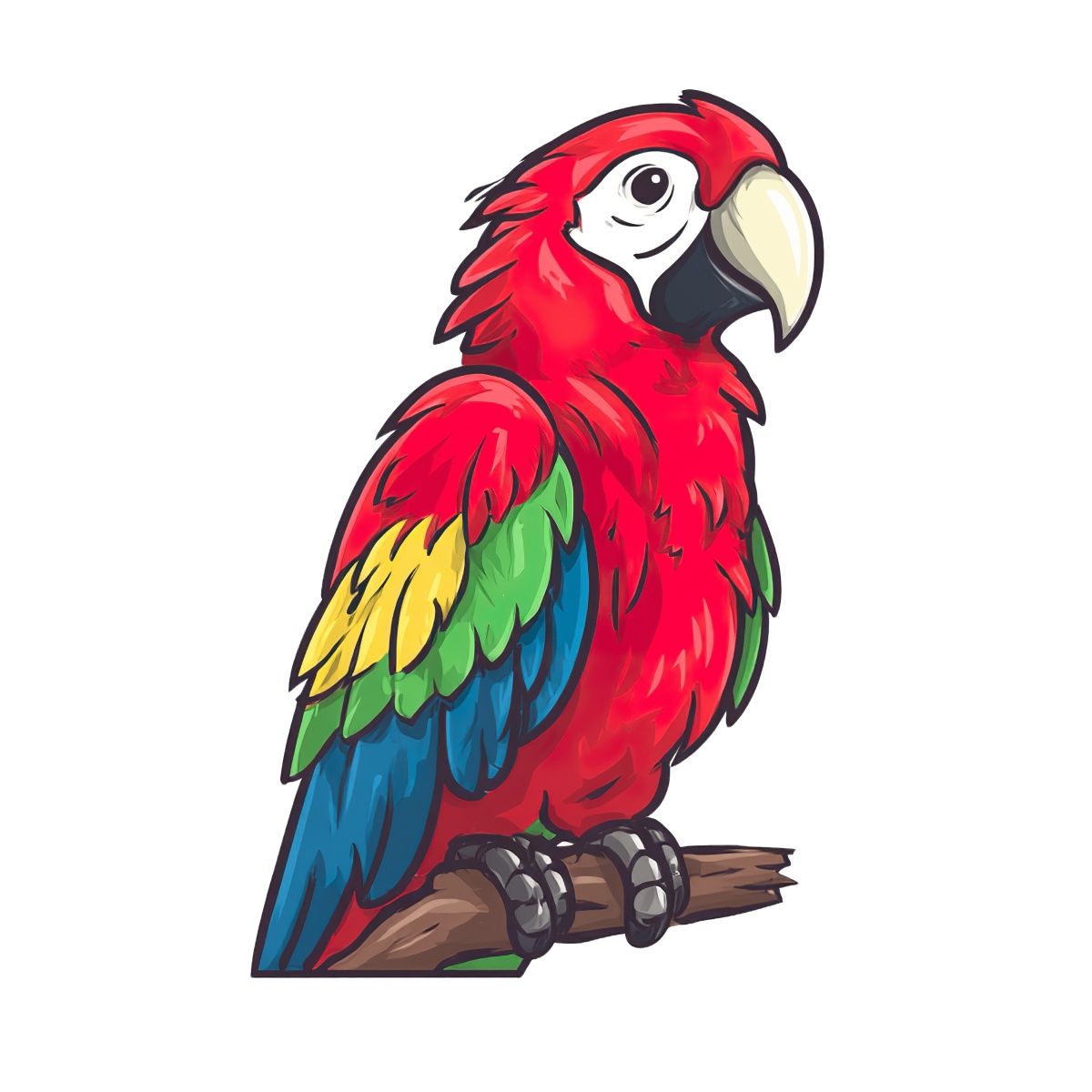 Macaw parrot clipart with bright red, blue, green, and yellow feathers on a branch.