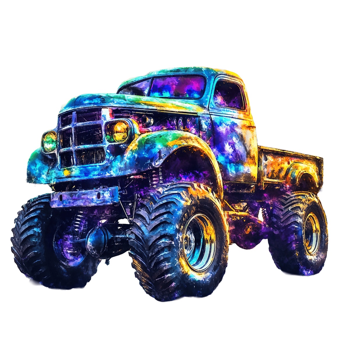 Colorful monster truck with oversized wheels on a black background.