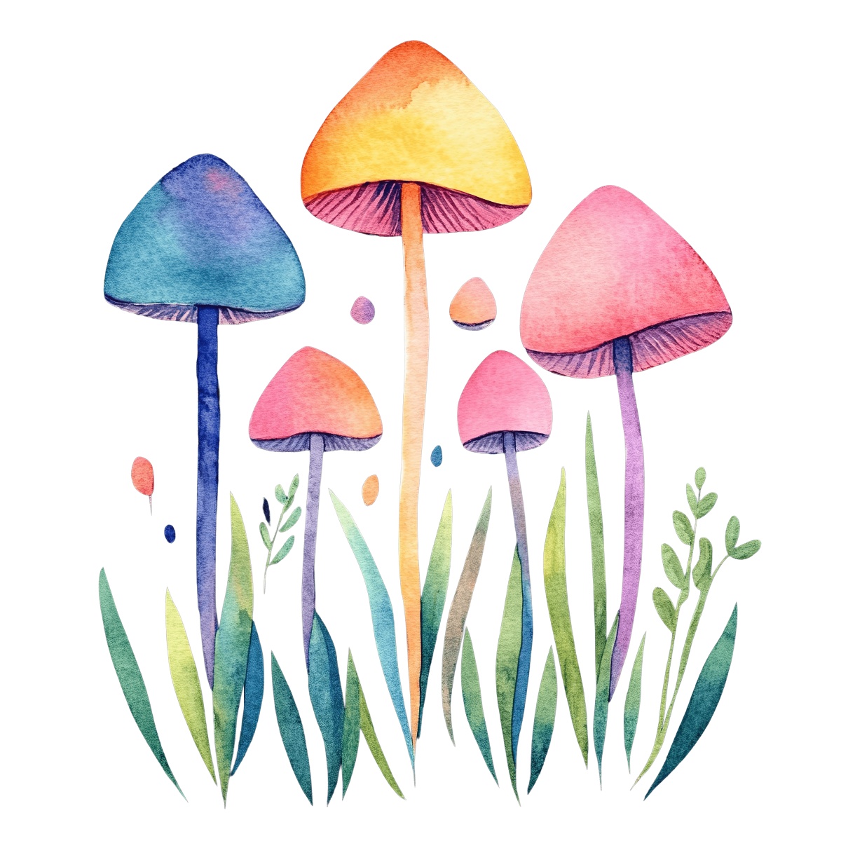 Cluster of colorful mushrooms with vibrant caps and stems.