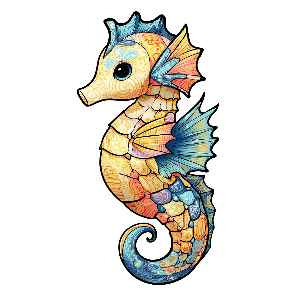 Brightly colored seahorse with intricate patterns and vibrant hues, vector style.
