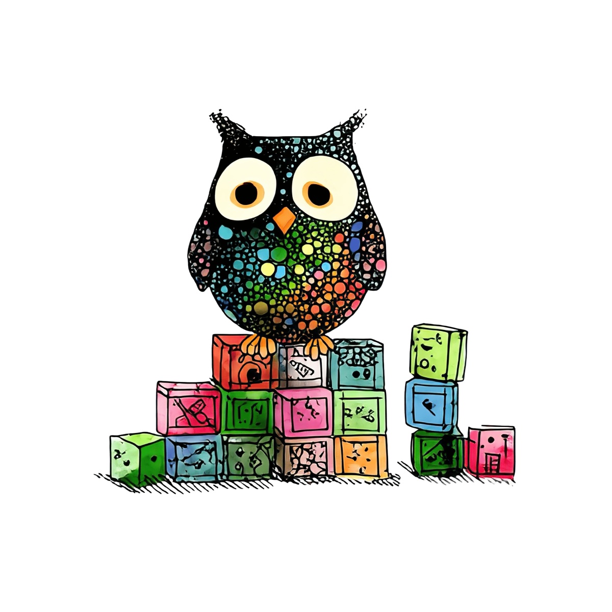 An owl with a colorful pattern sits on stacked alphabet blocks.