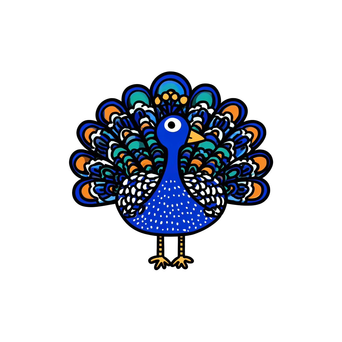 Peacock with patterned plumage in blue, orange, and green tones.