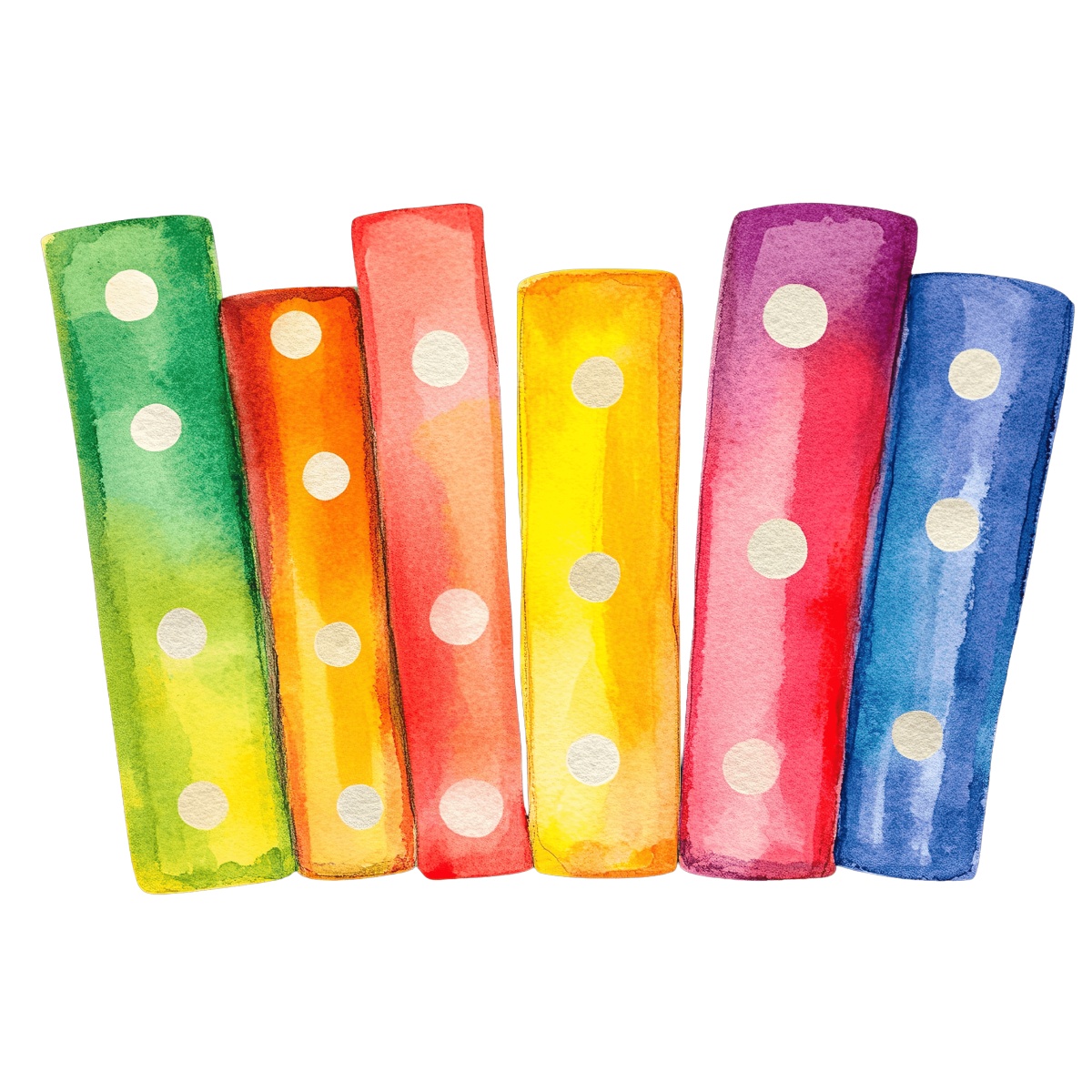 Six colorful polka dot cylinders arranged vertically with a watercolor effect.