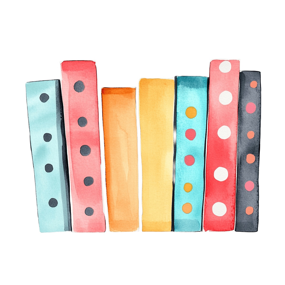 Row of vibrant books with polka dot patterns on a dark background.