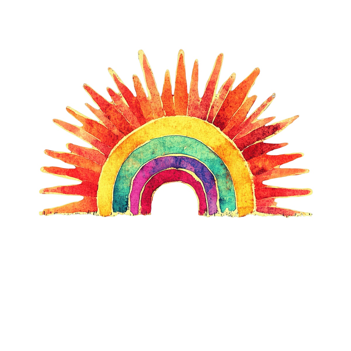 Colorful rainbow and sunburst design on a black background.
