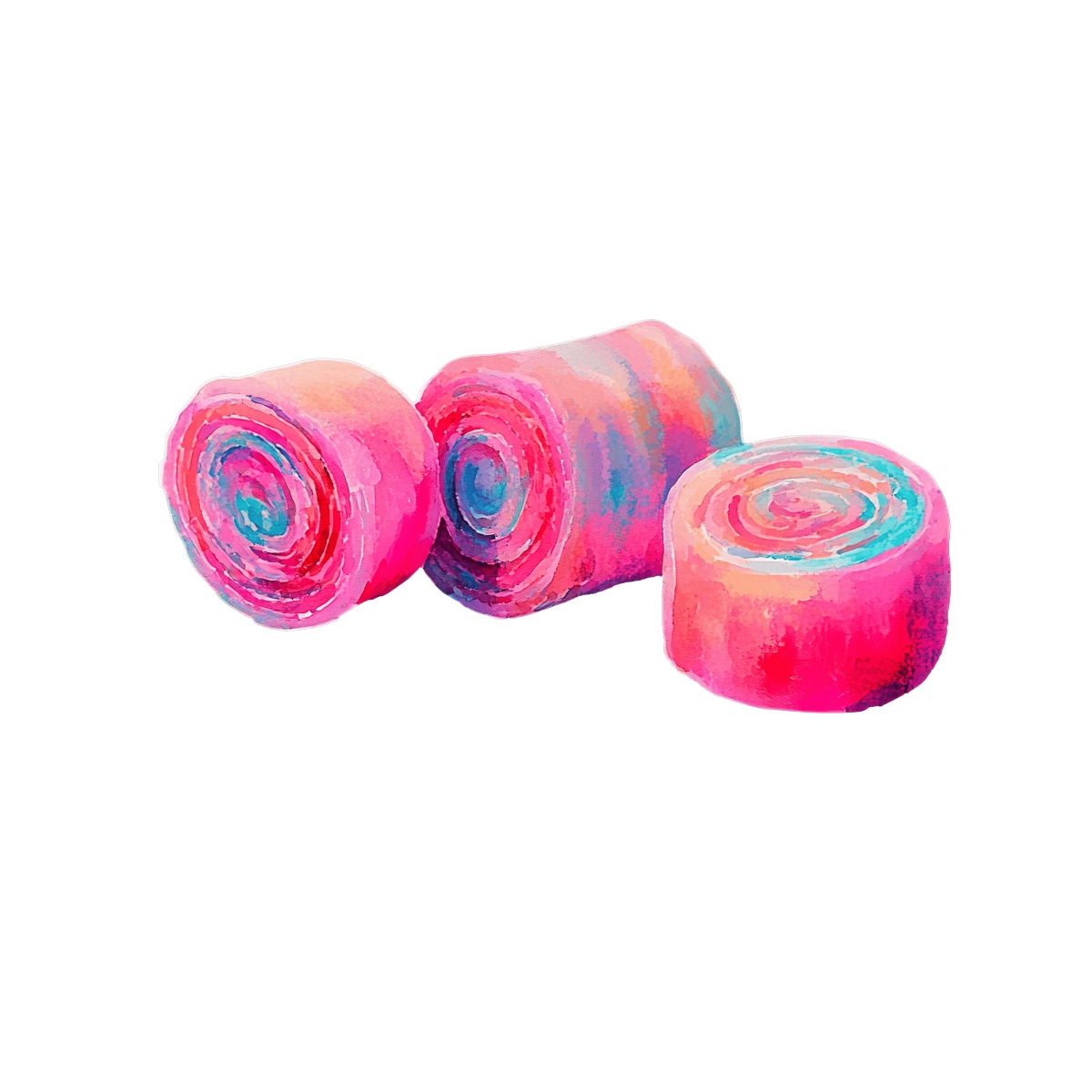 Vibrant pink and blue rolled candy sweets on display.