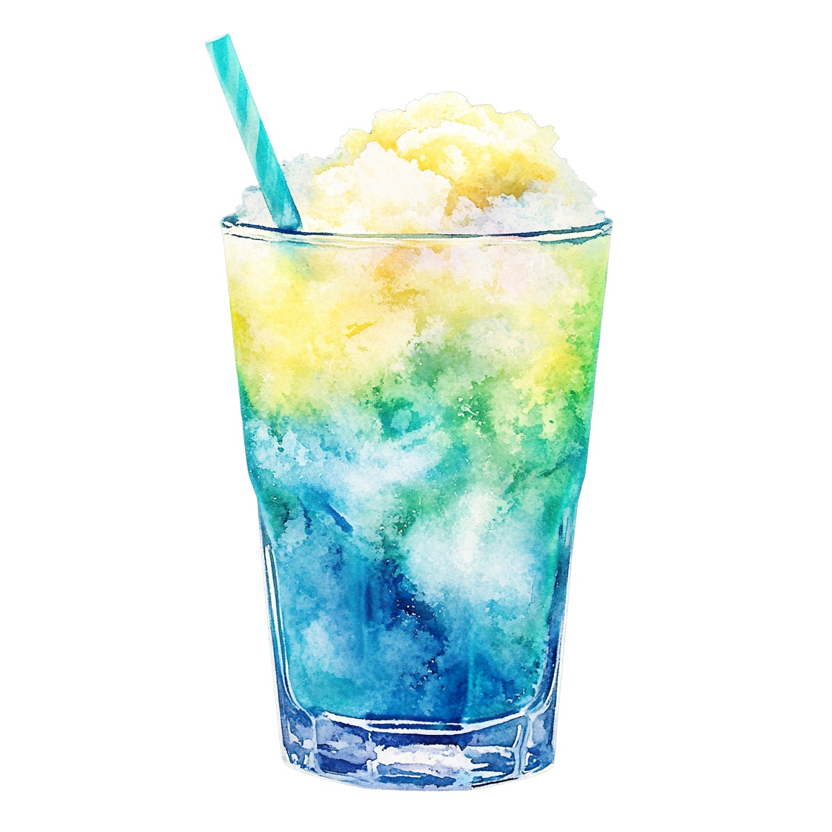 Shaved ice in a glass with a blue and yellow gradient and a straw.