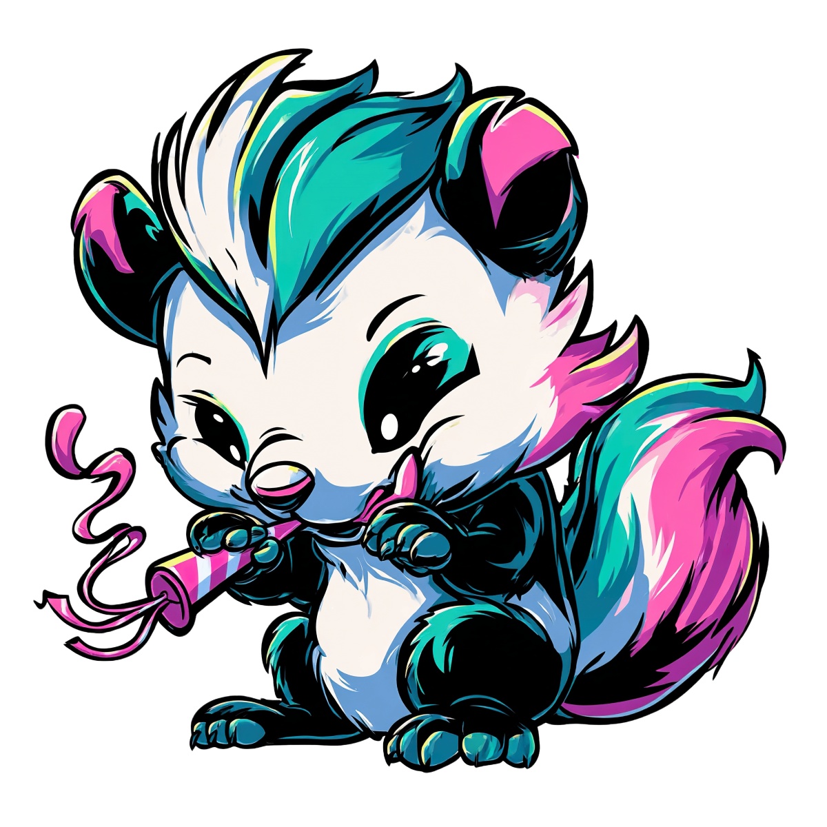 Skunk with teal and pink fur playing with a party blower.