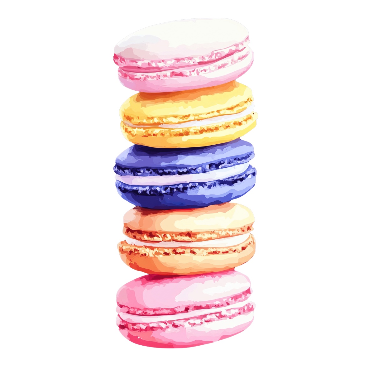 A stack of colorful macarons in various flavors and pastel shades.