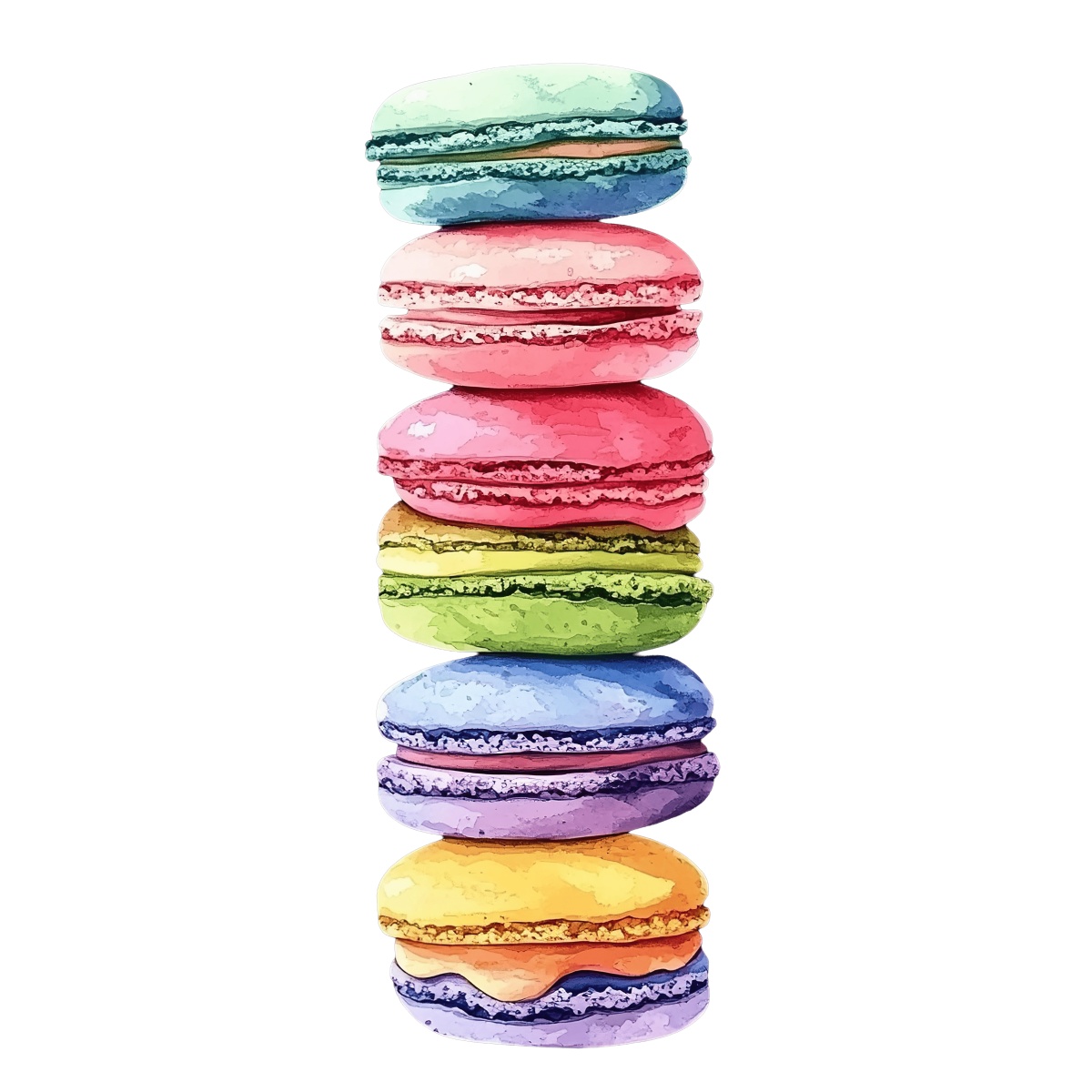A stack of six colorful macarons in various flavors.
