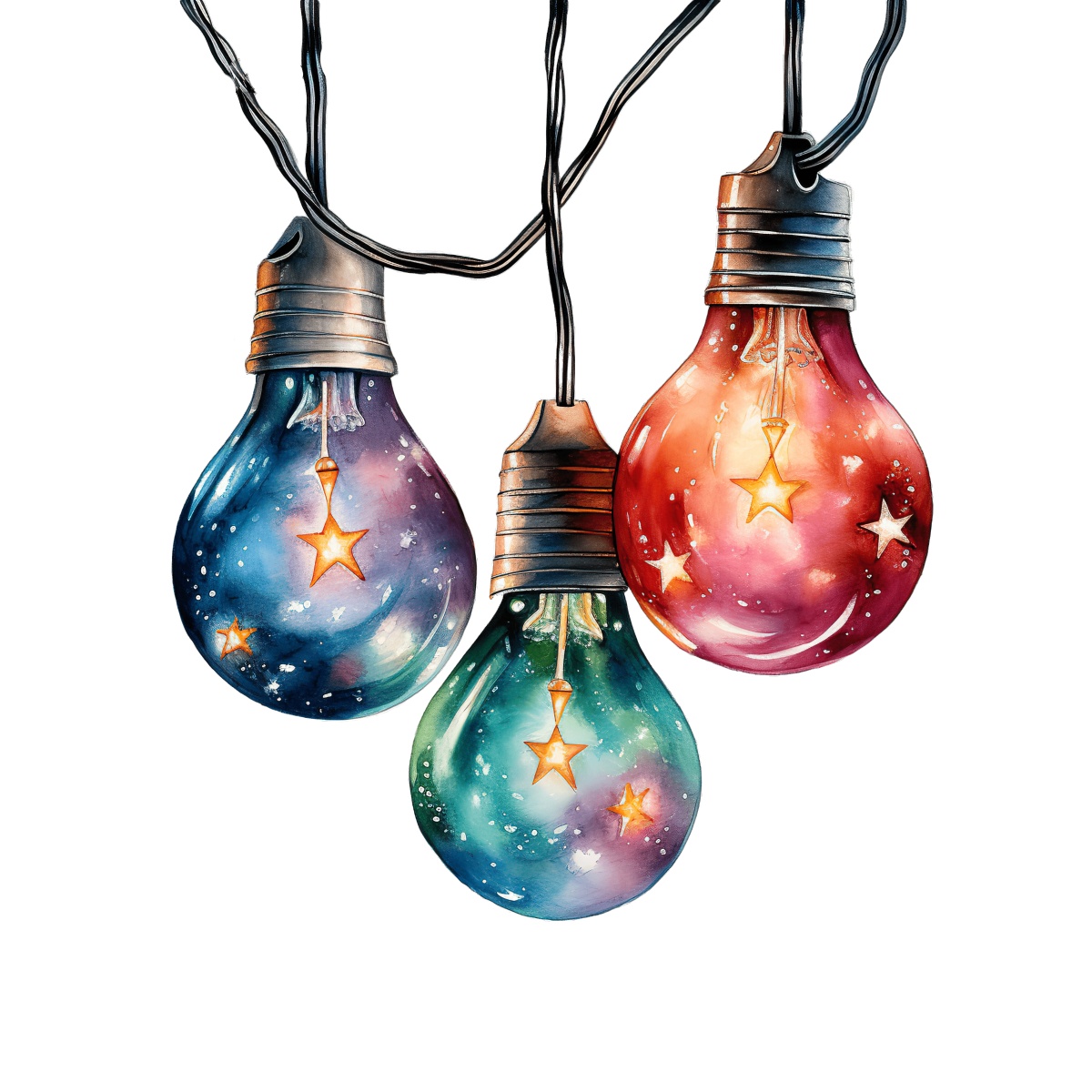 Three colorful light bulbs with star motifs used as festive decorations.