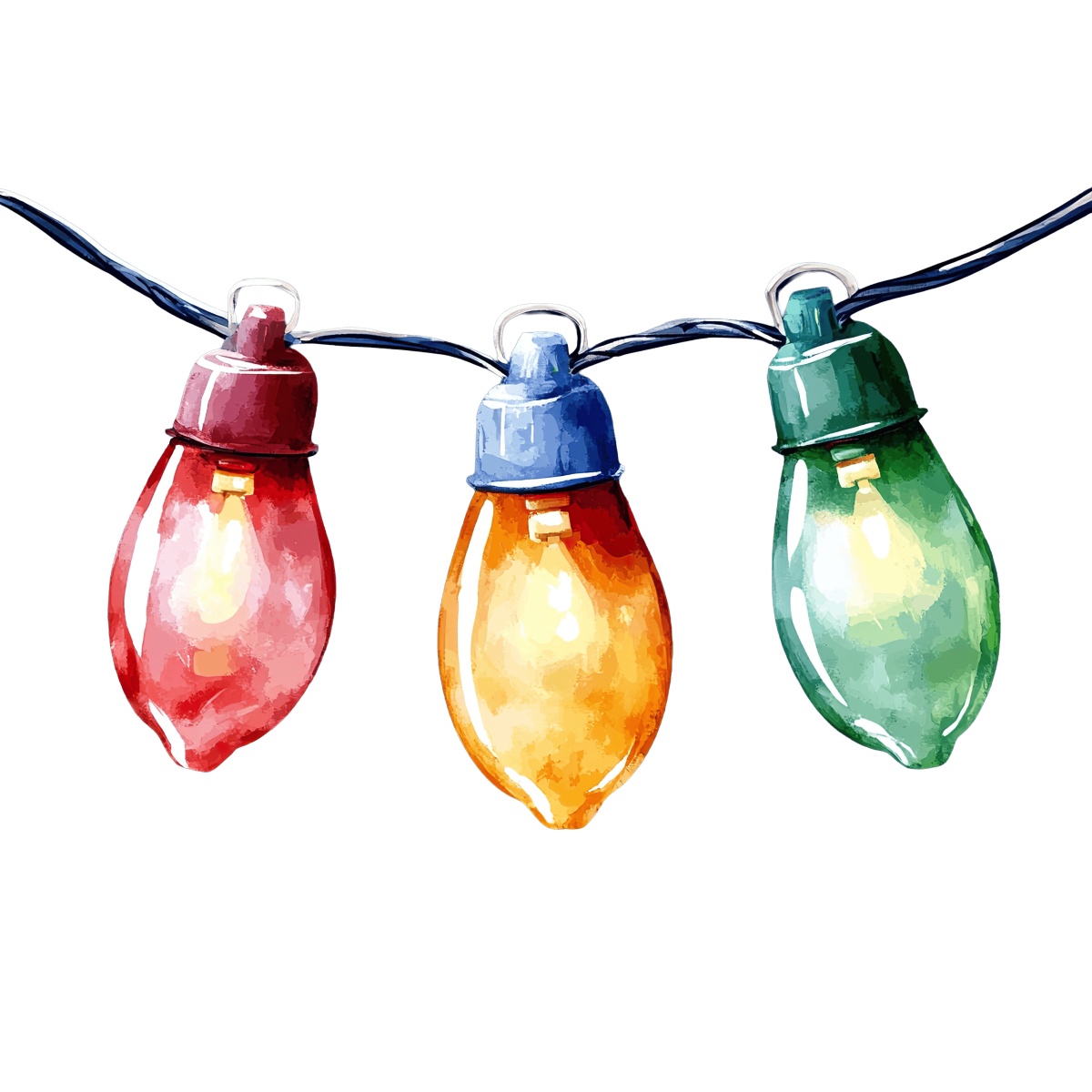 Three colorful holiday light bulbs hanging in a row on a dark background.