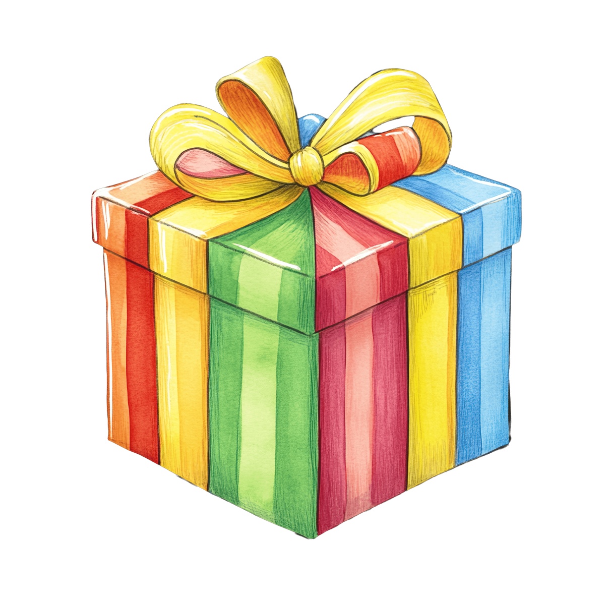 Gift box with colorful stripes and a yellow ribbon bow on top.