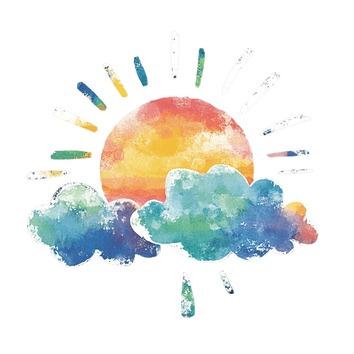 Vibrant watercolor sun and cloud with radiating rays on a black background.