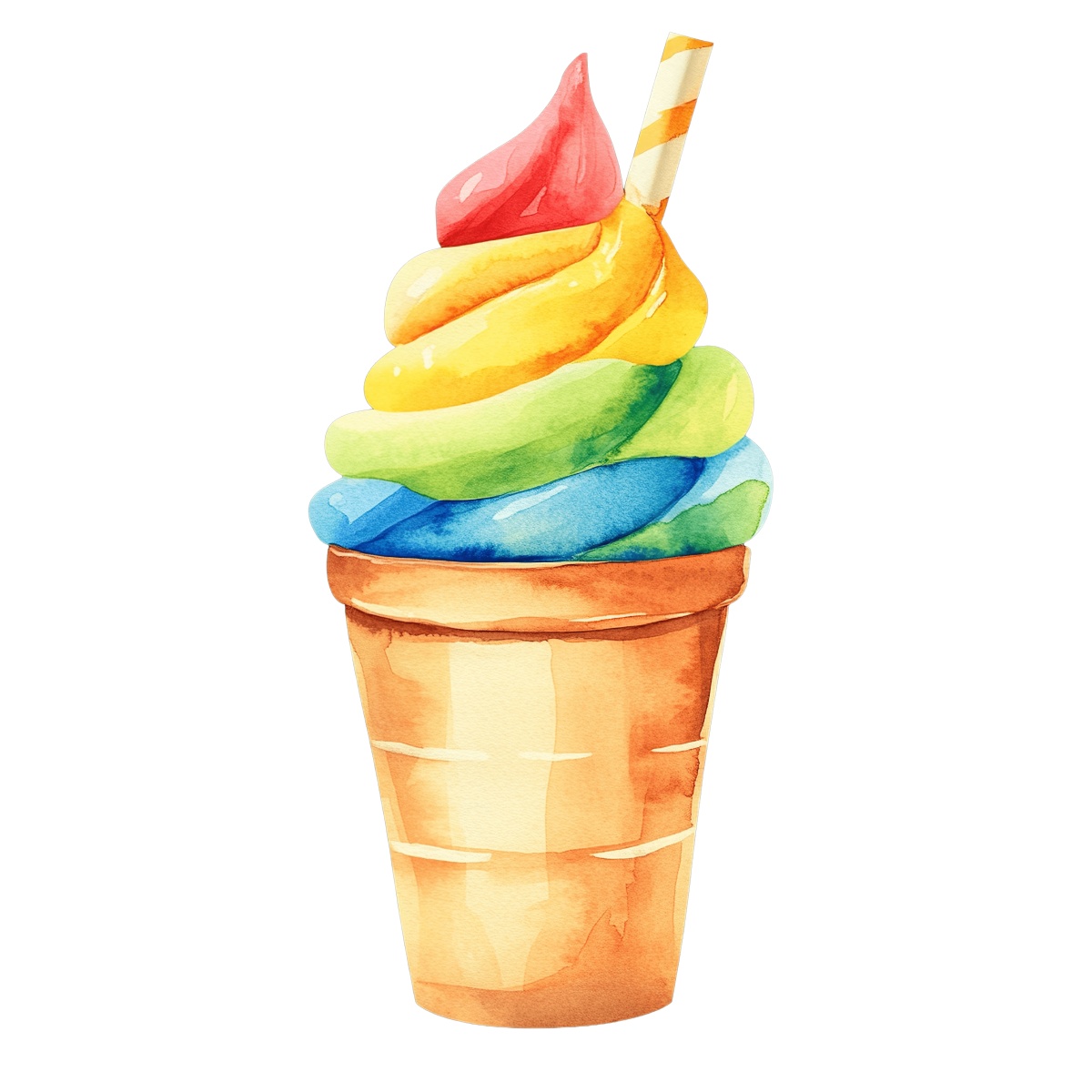 Rainbow swirl ice cream cone with a striped straw detail.