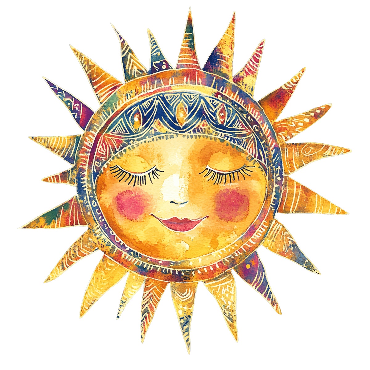 Tribal style sun face with colorful rays and detailed patterns on black.