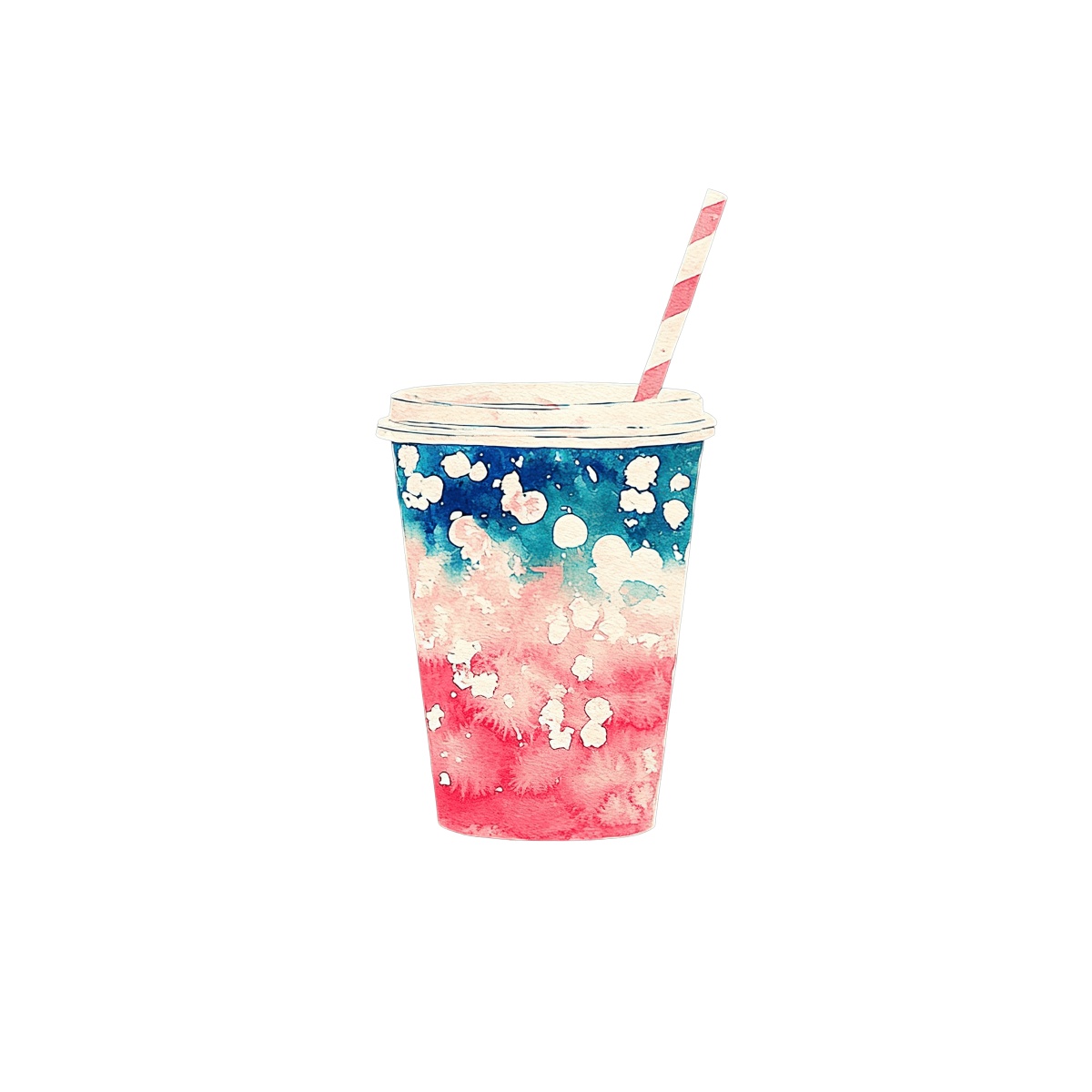 Vibrant watercolor cup with a lid and striped straw.