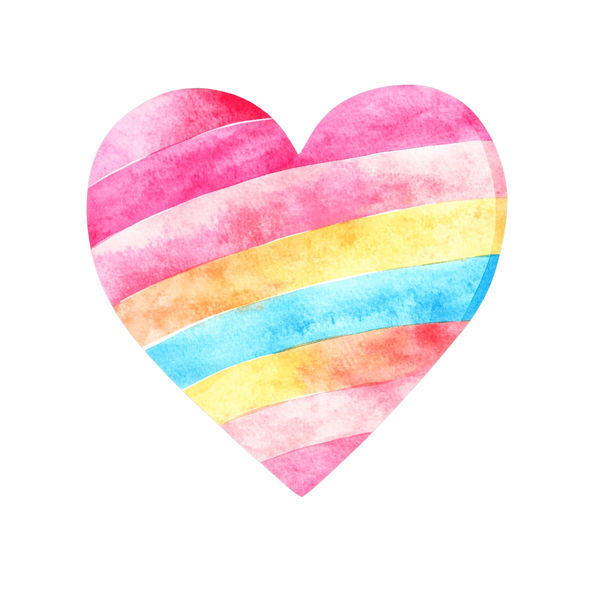 A colorful watercolor heart with rainbow stripes on a black background.